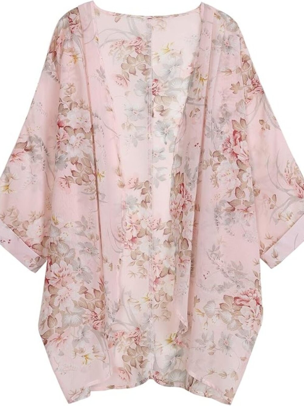Women's Floral Print Sheer Chiffon 3/4 Cuffed Bat Sleeve Kimono Size XXL